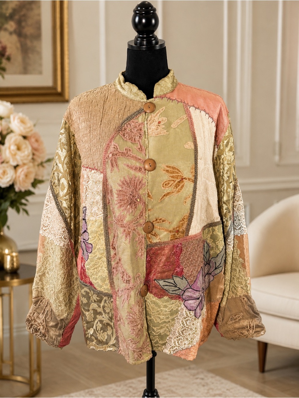 Patchwork Floral Button-Front Blazer Jacket - Multicolor